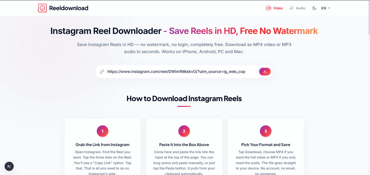 Paste Instagram Reel link into downloader